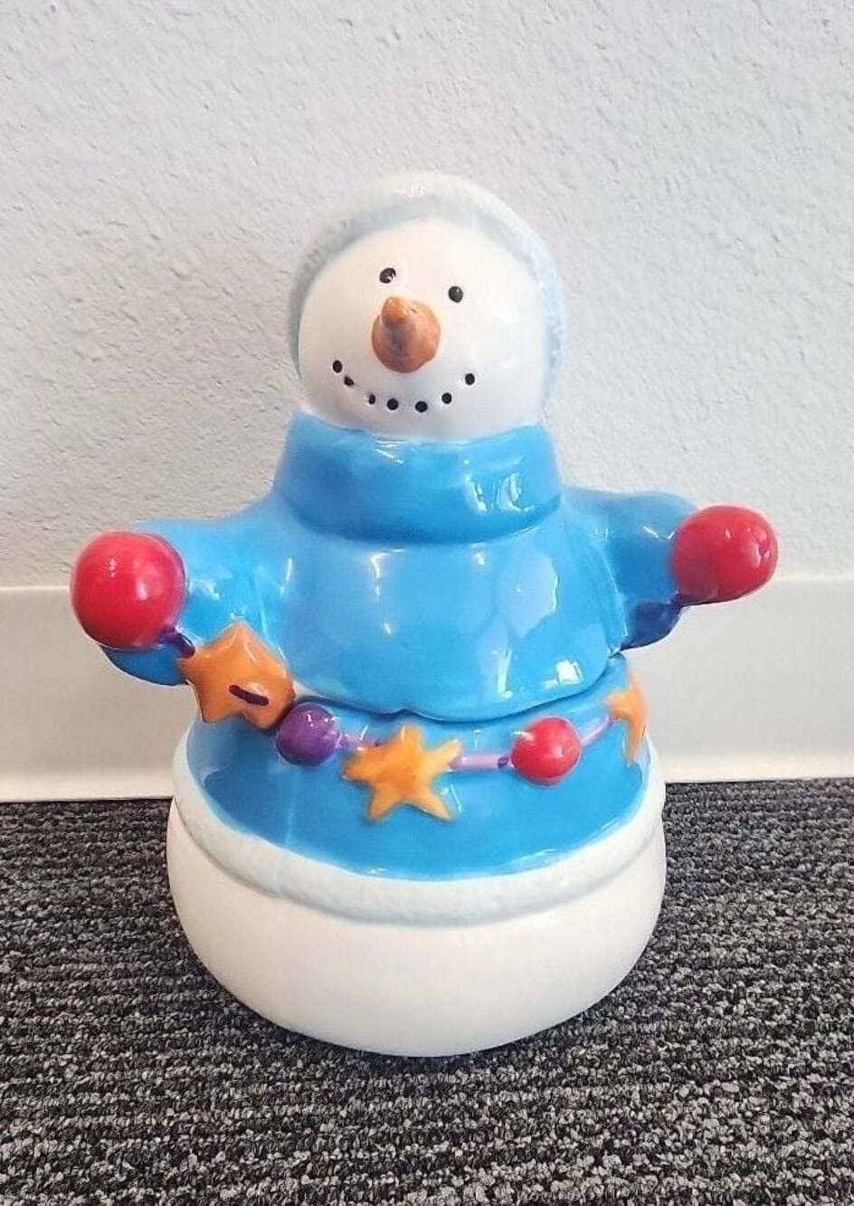 Homespun Holiday Snowman Ceramic Cookie Jar with Blue Sweater